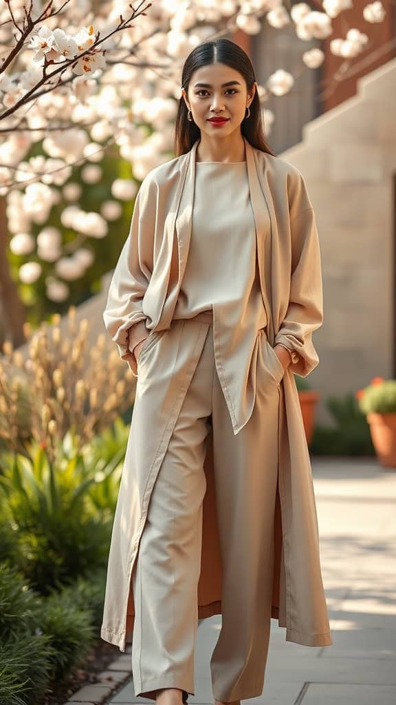 Model wearing a lightweight beige duster coat with a neutral outfit, standing in a garden with flowering trees