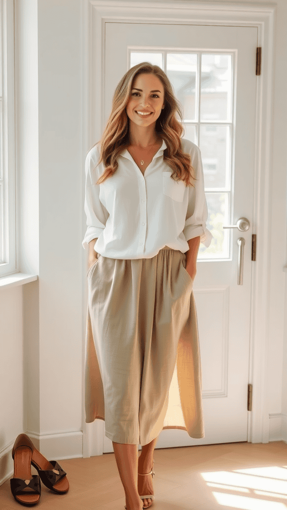 A stylish linen blouse paired with a pastel midi skirt, showcasing a modest church outfit for teenage girls.