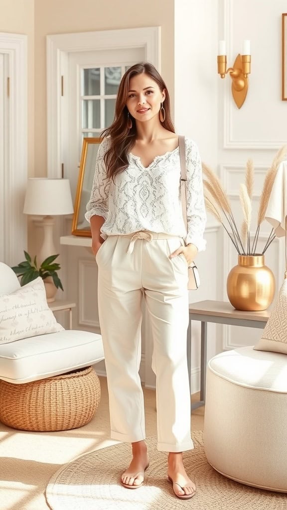 A mannequin dressed in a lace top and linen pants, showcasing a classy modest outfit choice.