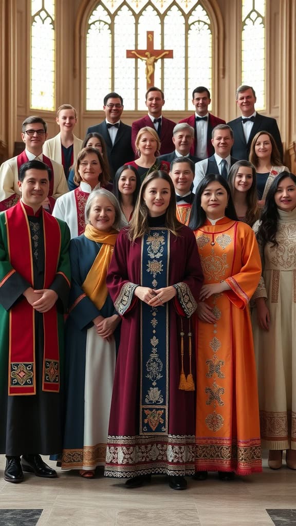 A diverse group of choir members wearing embroidered liturgical robes, standing in a church with stained glass windows.