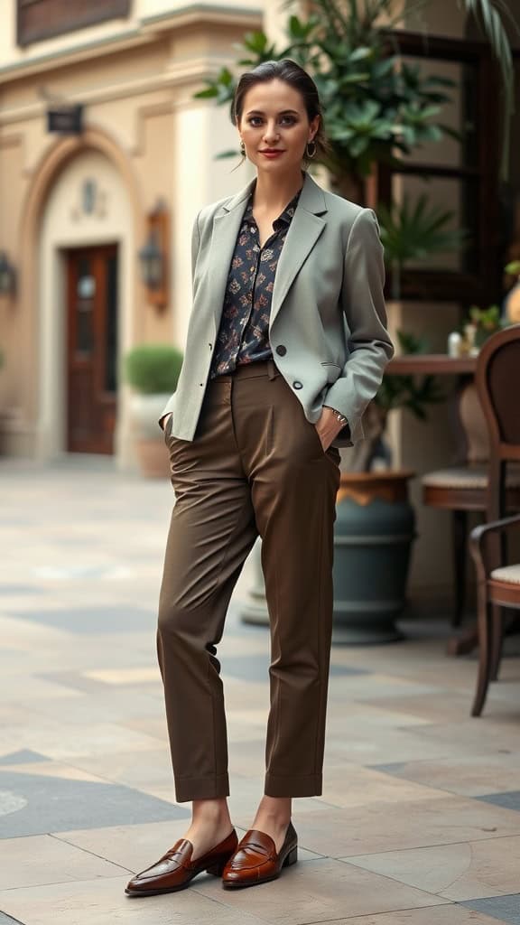 A woman in a light blazer and tailored trousers, wearing leather loafers, exuding a modest old money vibe.