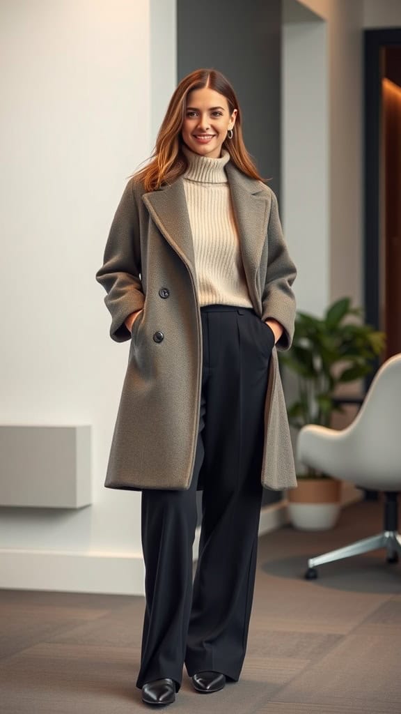 A woman wearing a long-line coat and wide-leg trousers, standing in a modern office space with plants.