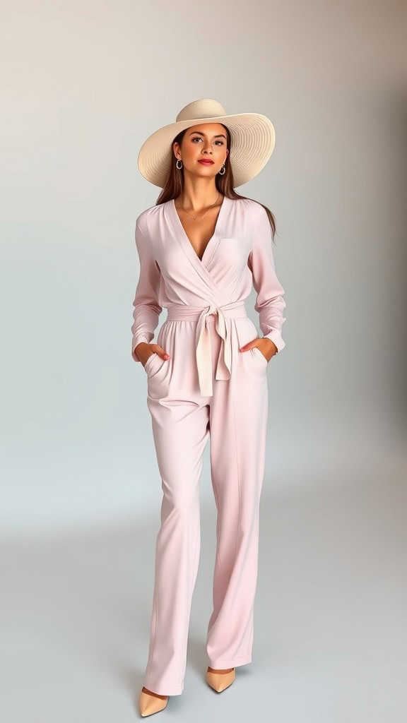 A model showcasing a light-colored long-sleeve jumpsuit with a wide-brimmed hat, set in a lush garden space.