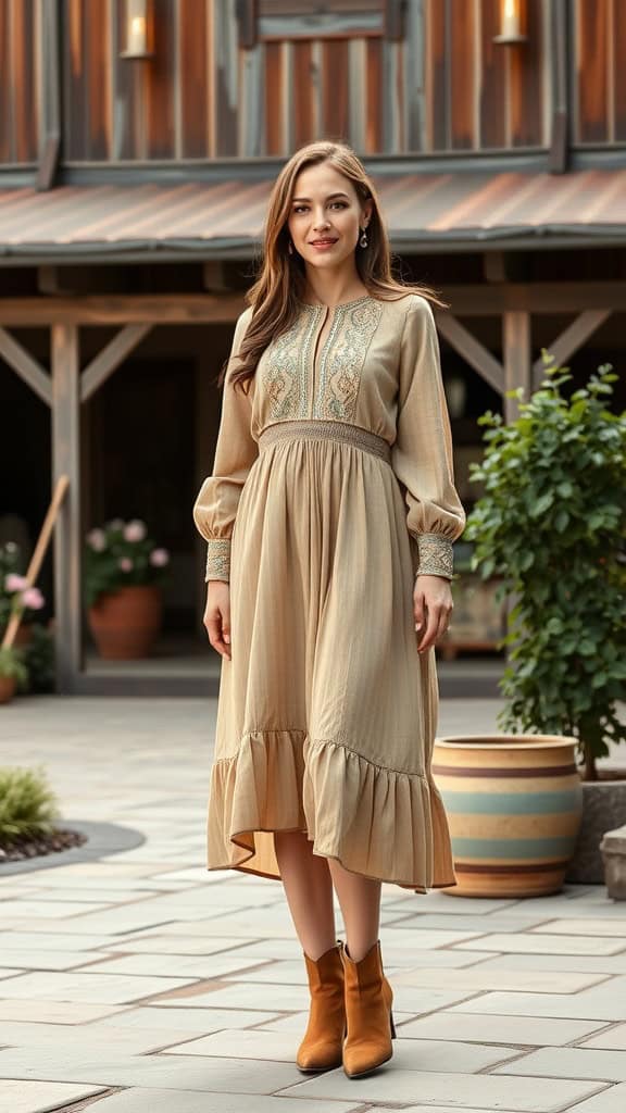 A woman standing in a long-sleeve prairie dress with ankle boots, set against a rustic background.