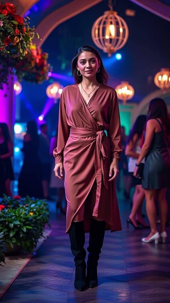 A woman wearing a long-sleeve wrap dress with knee-high boots and layered necklaces at a vibrant club setting.