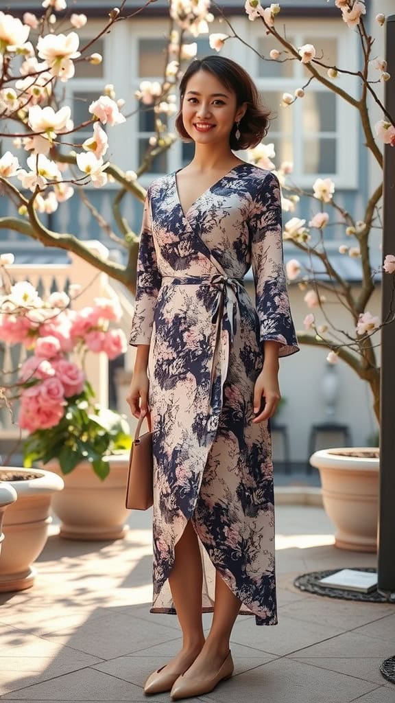 A woman wearing a long-sleeve wrap dress and ballet flats, standing in front of blooming flowers.