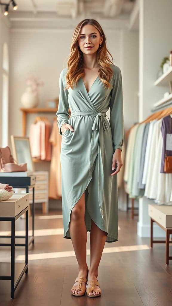 A model wearing a long-sleeve wrap dress, styled with flats, in a boutique setting.