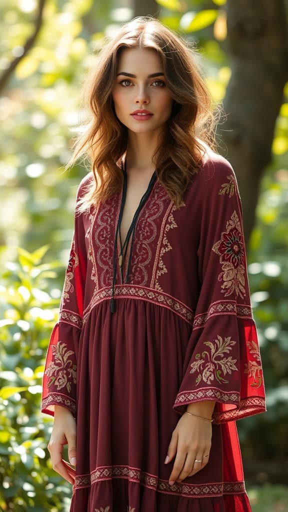 A long-sleeved maxi dress with intricate embroidered details displayed on a mannequin, surrounded by greenery.