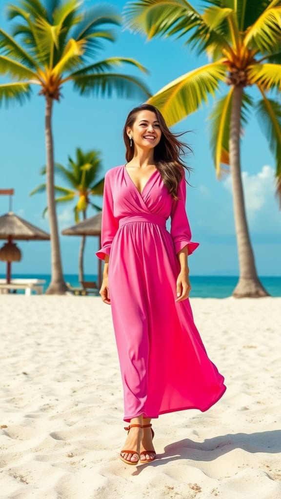 A woman in a coral long-sleeved sundress standing among various dresses on hangers, with palm trees in the background.