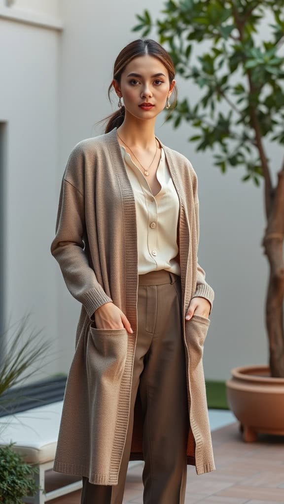 A woman wearing a long beige cardigan over a light blouse and tailored pants, posing in a stylish outdoor setting.