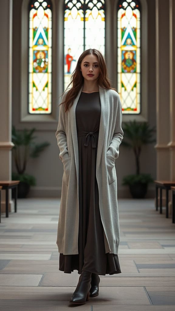 A woman wearing a long, flowy cardigan over a simple dress, standing in a church with stained glass windows.