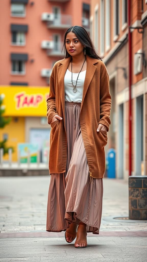 A woman wearing a brown long cardigan over a flowing maxi skirt, showcasing a stylish and modest outfit.