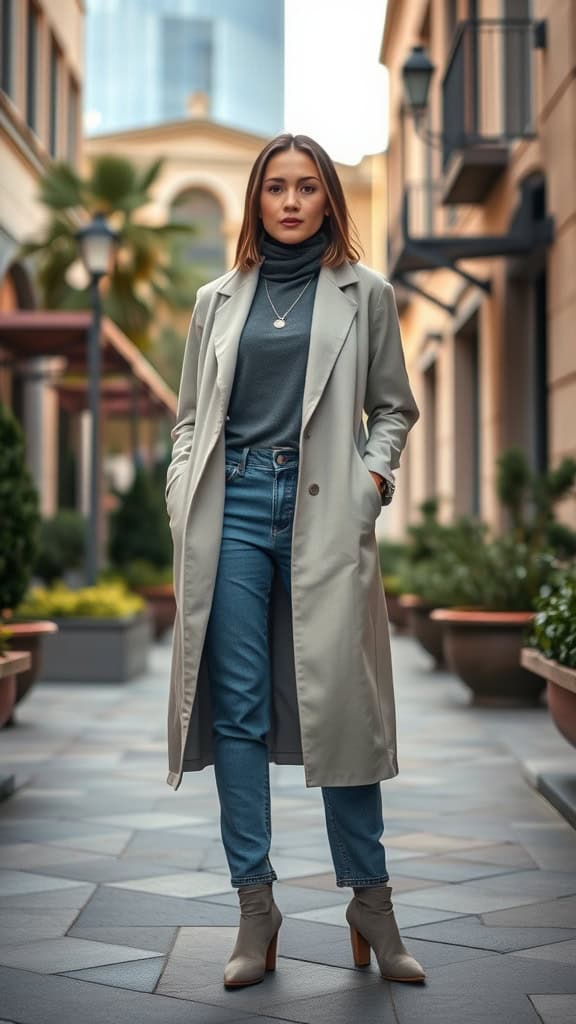 A woman wearing a long duster coat over a turtleneck and jeans, standing outdoors