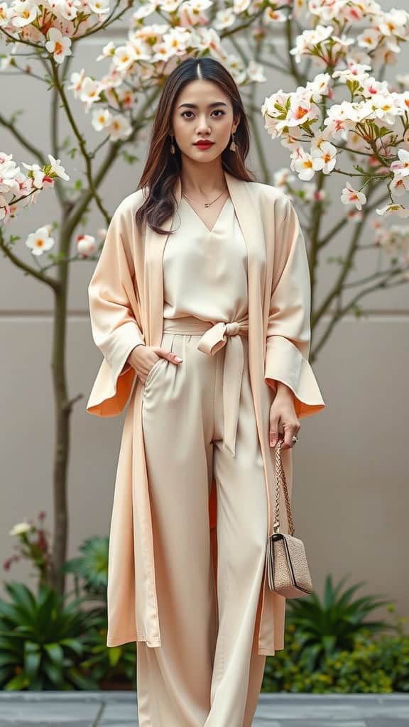 A woman wearing a long kimono over a jumpsuit, surrounded by blooming flowers.