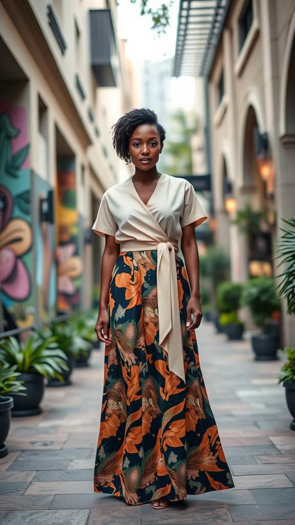 A woman wearing a bold-patterned long skirt and a plain wrap top, standing in a stylish outdoor setting.