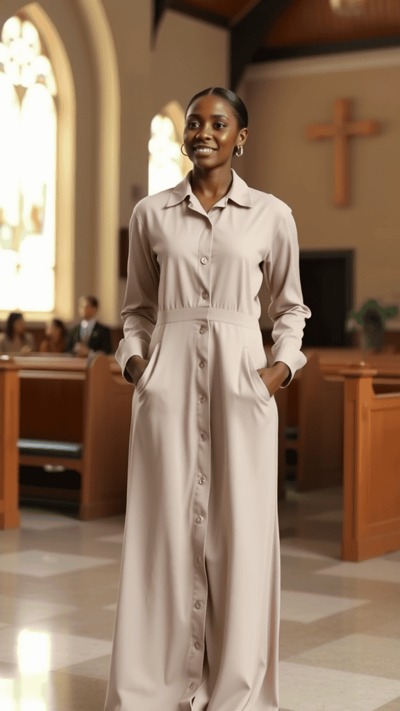 Long sleeve button-down maxi dress worn by models showcasing different earth tone colors.