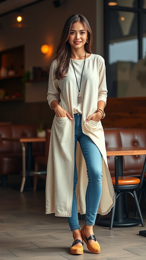 A mannequin displaying a long tunic and skinny jeans outfit in a cozy cafe setting.