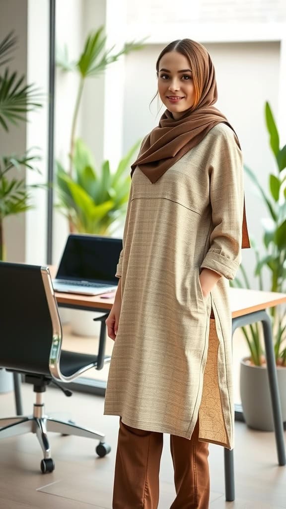 Woman in a long tunic and slim trousers, smiling in an office environment.