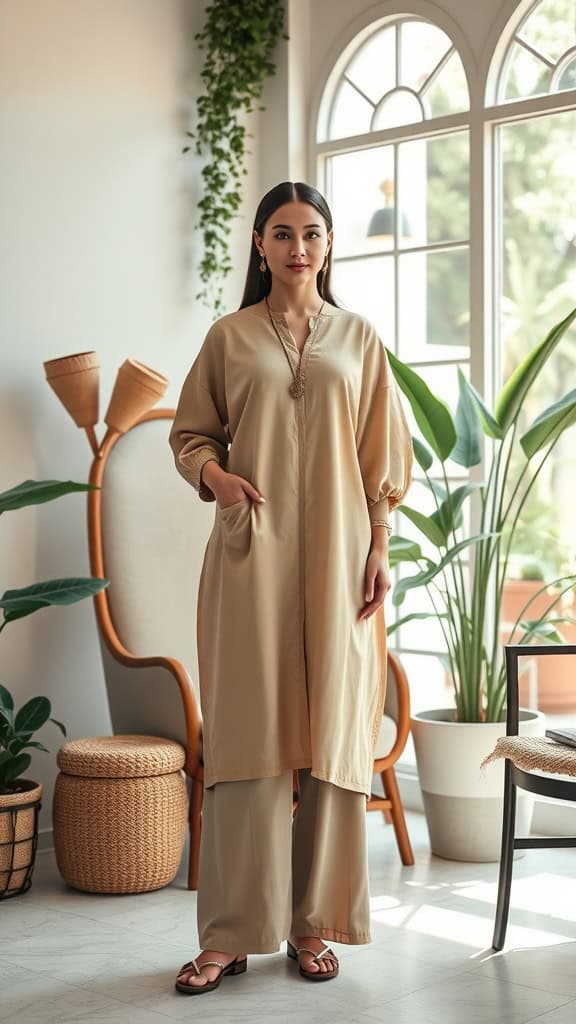 A woman wearing a beige long tunic over straight-leg pants, posing in a well-lit room with plants.