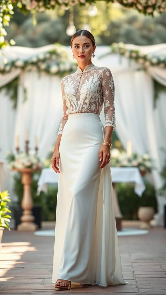 A woman wearing a long white maxi skirt with a lace top at a wedding.