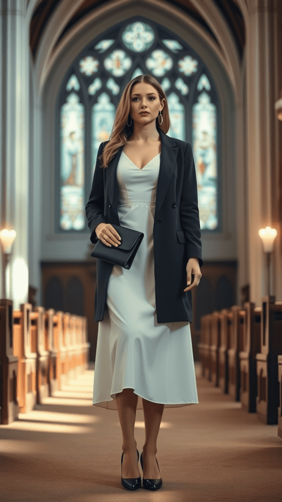 Longline blazer layered over a midi dress displayed in a church setting