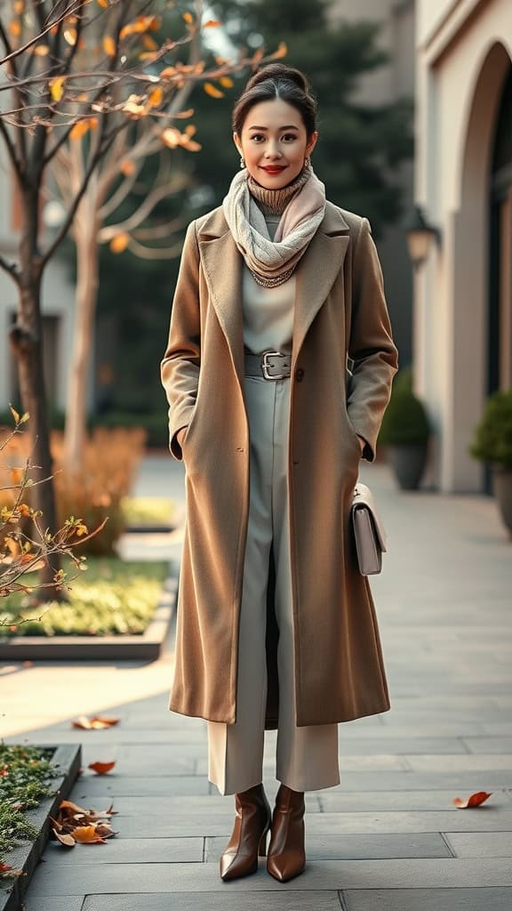 A woman in a beige longline coat with a turtleneck, standing in a stylish outdoor setting during autumn.