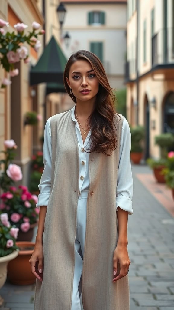 A woman wearing a longline linen vest over a button-up top, standing in a picturesque European street lined with flowers.