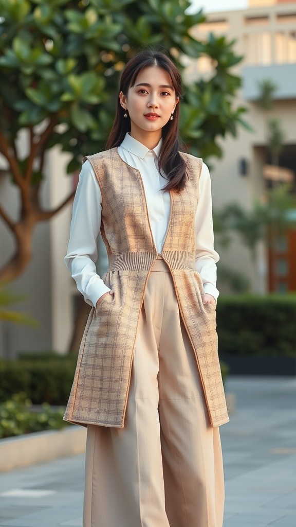 A woman wearing a plaid longline vest over a white shirt and wide-leg trousers, standing outdoors.