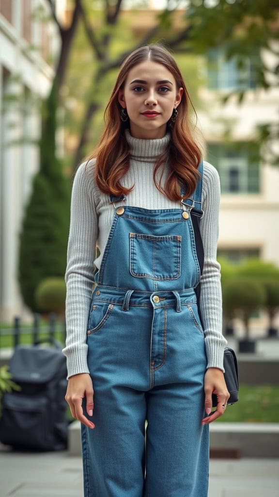 A young woman wearing loose overalls and a turtleneck, standing outdoors with greenery in the background.