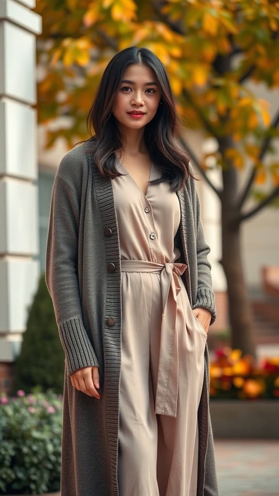 A woman wearing a maxi cardigan over a simple jumpsuit, standing outdoors with colorful flowers in the background.