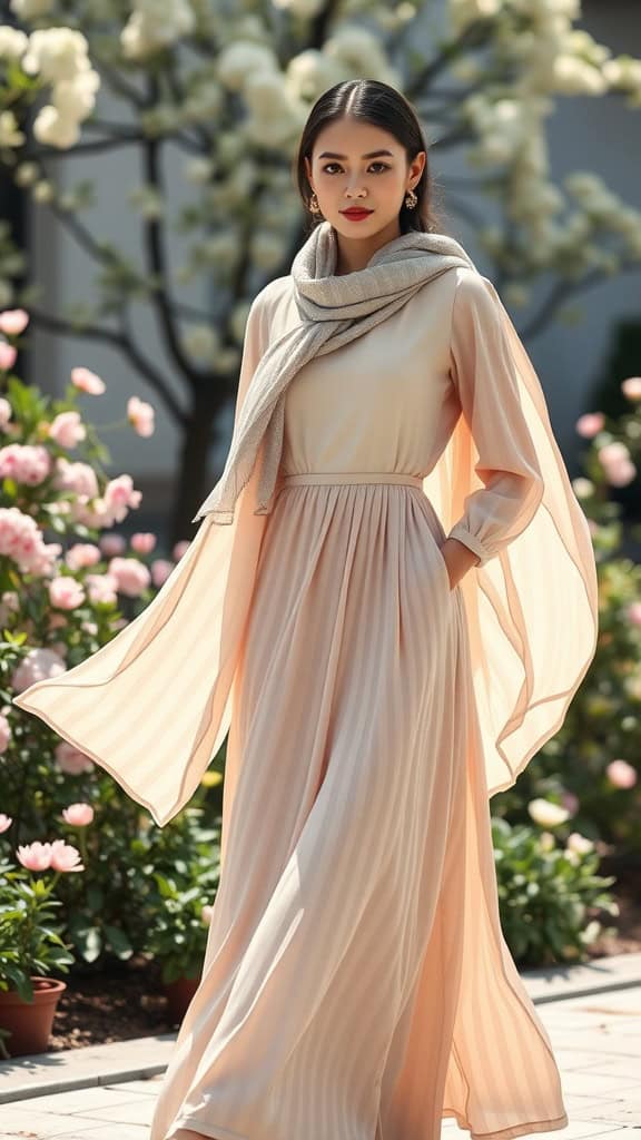 A woman wearing a flowing maxi dress and lightweight scarf, standing in a garden filled with blooming flowers.