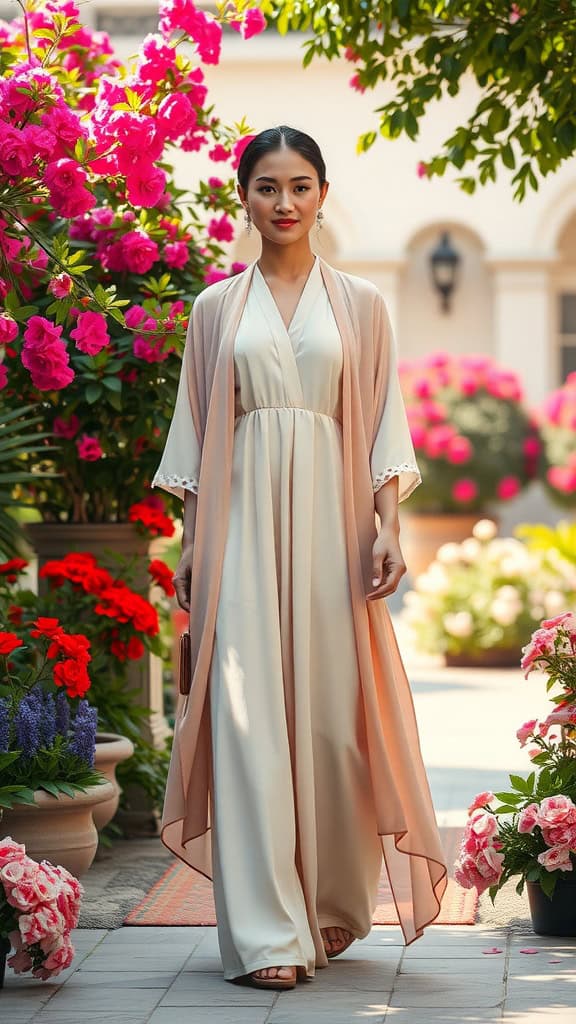 A woman wearing a light-colored maxi dress and a kimono, surrounded by vibrant flowers