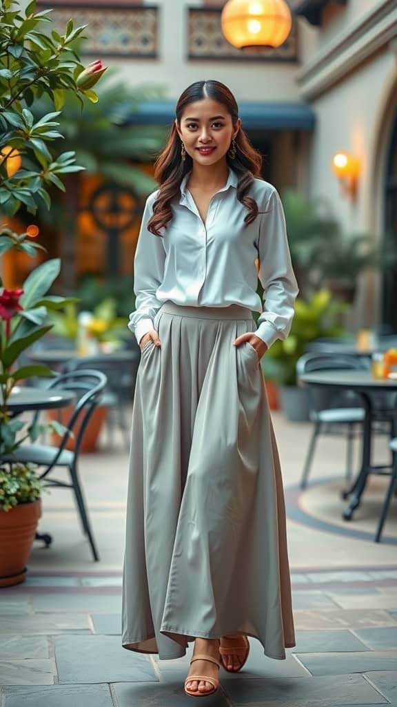 A woman wearing a grey maxi skirt and a light button-up blouse stands in a stylish outdoor setting.