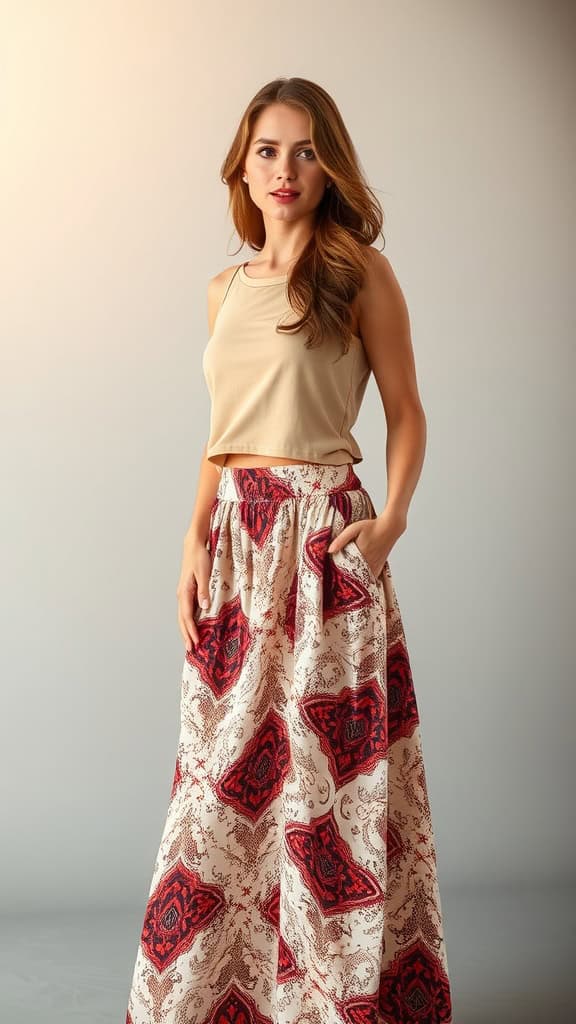 A model wearing a solid brown top with a printed maxi skirt in a fashion showroom.