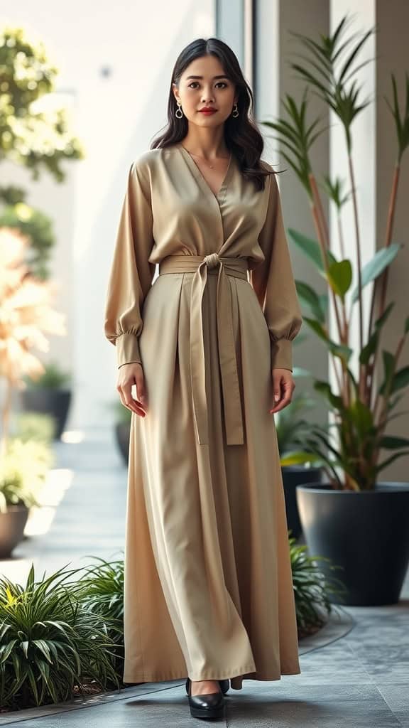 A woman in a beige belted blouse and a maxi skirt standing in an office setting with plants.