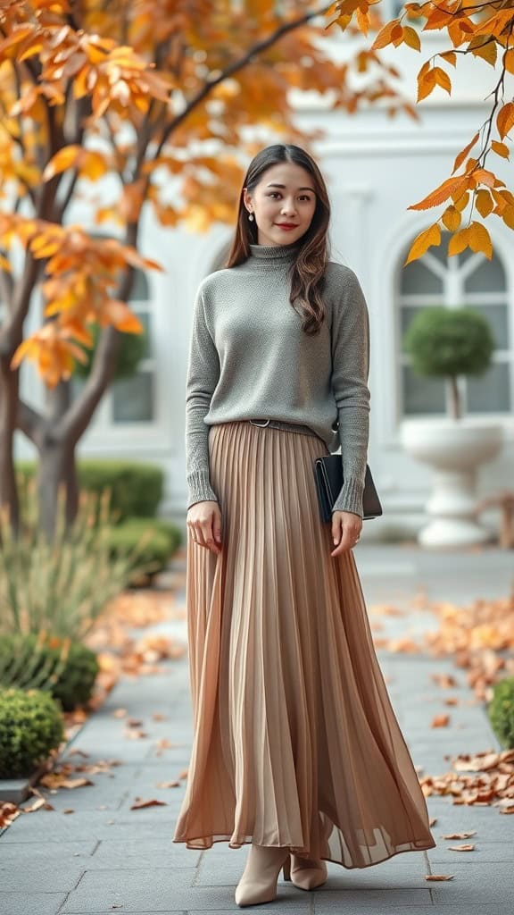 A woman wearing a cozy fitted sweater and a flowing maxi skirt among autumn leaves