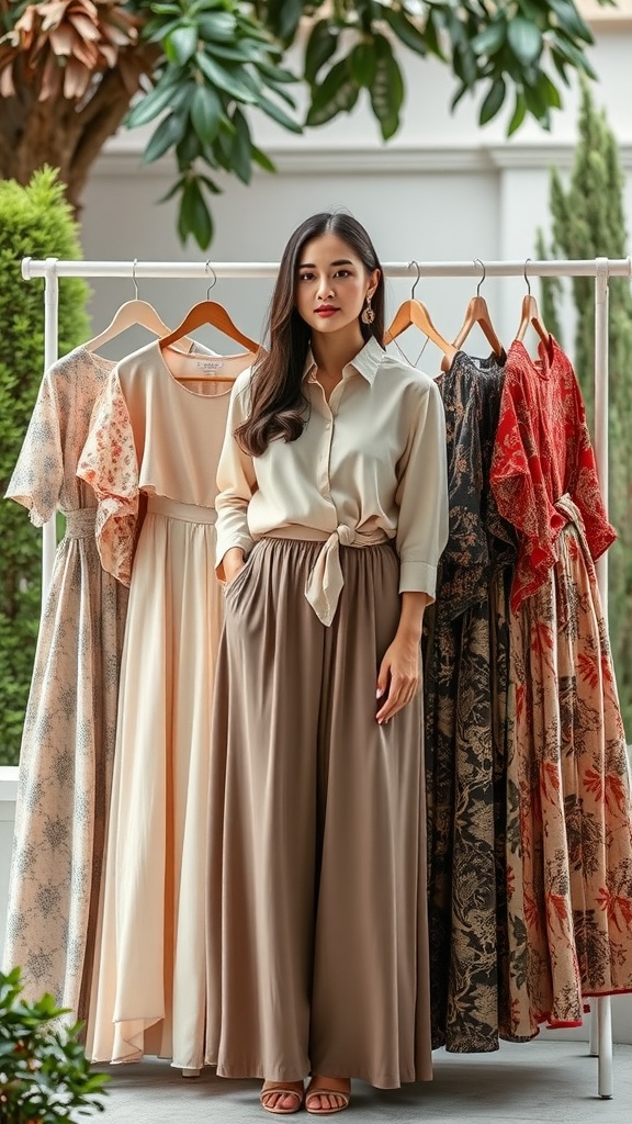 A model in a modest blouse and maxi skirt stands in front of a rack displaying various long skirts.