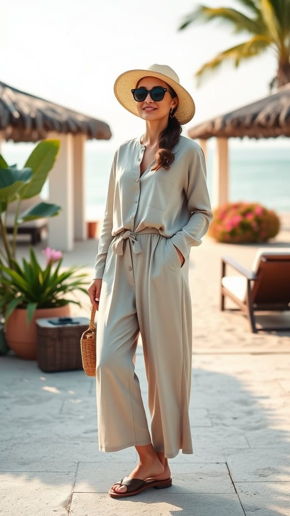 A woman in a light maxi tunic and cropped pants, wearing a sun hat and sunglasses, standing in a beach resort setting.