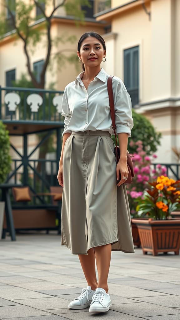 A woman wearing a midi-length shirt dress with sneakers, standing in an outdoor setting with flowers around.