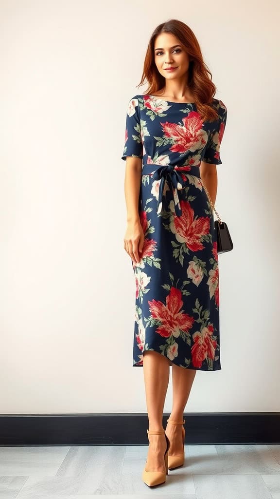 A woman wearing a floral midi dress with a belted waist, standing in a garden setting.