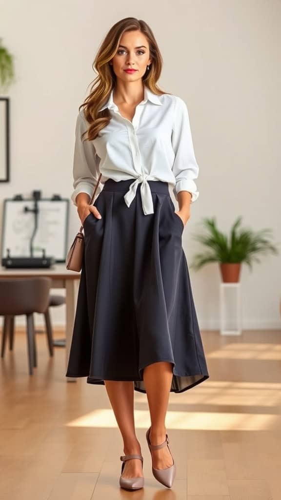 A midi skirt with a tucked-in blouse displayed on a mannequin, set in a bright, elegant room.