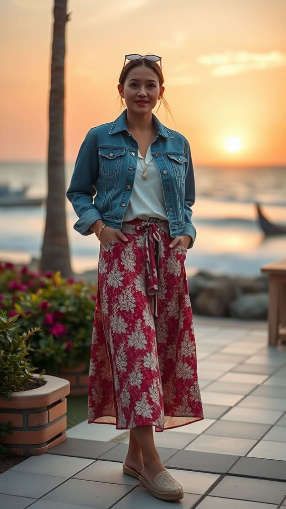 Woman in a printed midi skirt and denim jacket standing at sunset on a beach