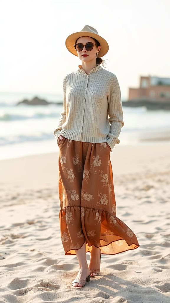 A woman wearing a beige sweater and a brown floral midi skirt on the beach, accessorized with a hat and sunglasses.