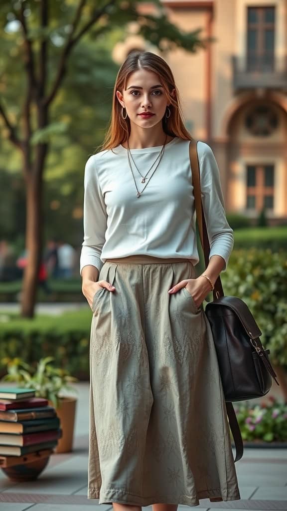 A young woman wearing a tucked-in white tee and a midi skirt, standing outdoors with a backpack.