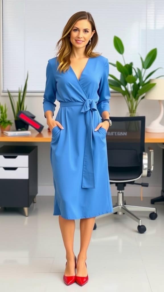 A woman wearing a midi wrap dress with flats, standing in a modern office space surrounded by plants.