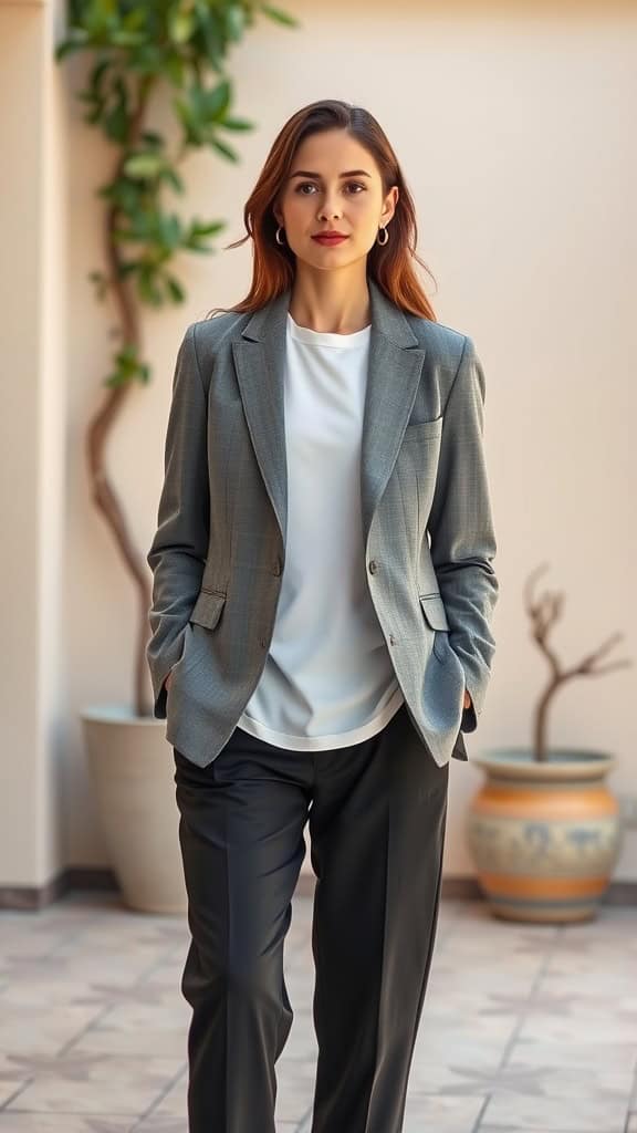 A woman wearing a grey blazer over a white tee with black tailored pants, standing confidently.