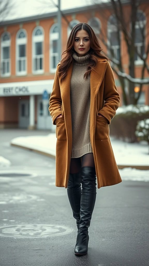 A model in a monochrome dress with a neutral jacket and ankle boots walking in an outdoor setting.