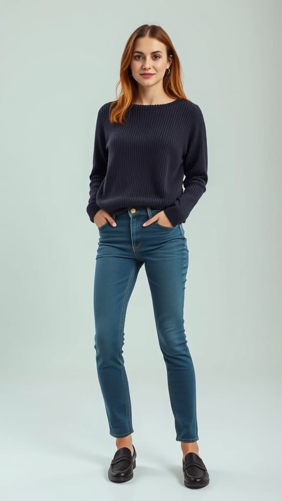 A woman in a beige sweater paired with blue straight-leg jeans and black loafers, standing in an outdoor setting.