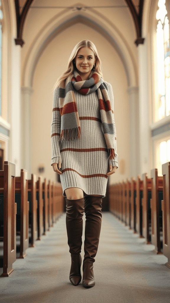 A woman wearing a knit sweater dress with a scarf, standing in a church decorated for winter.