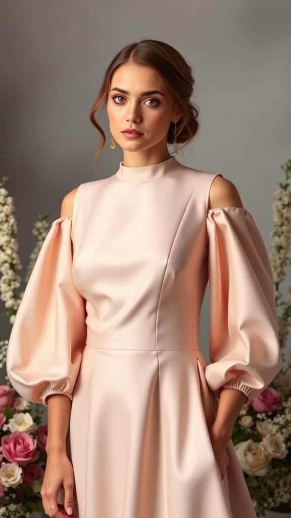 Mock-neck gown with flowing sleeves worn by a model, set in a lush garden backdrop